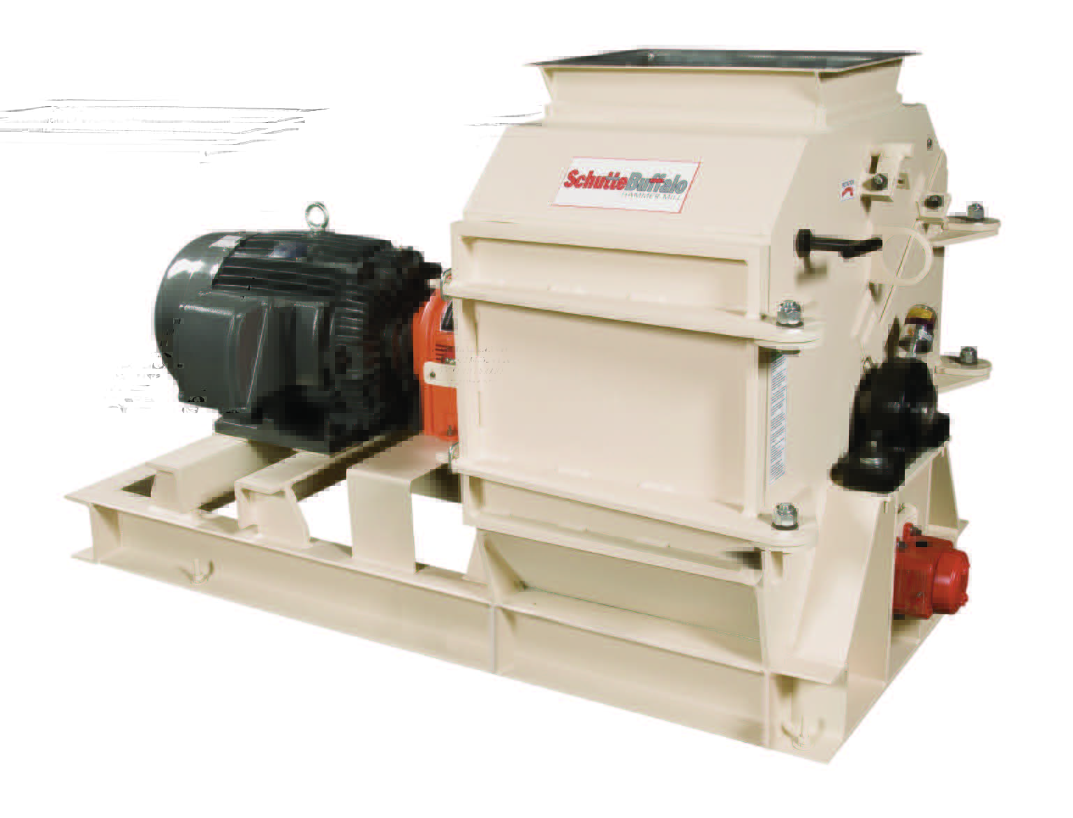 An industrial grain milling machine with a large motor and several mechanical components, mounted on a metal frame.