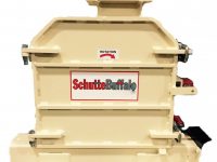 Industrial beige H28 Pilot Scale Circ-U-Flow Hammer Mill with red and black logo, featuring visible safety labels and a rotation warning.