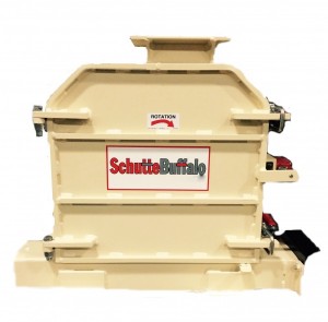 Industrial beige H28 Pilot Scale Circ-U-Flow Hammer Mill with red and black logo, featuring visible safety labels and a rotation warning.