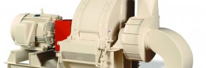 Industrial centrifugal fan with attached motor and ductwork on a white background.