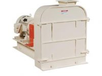 Industrial hammer mill machine with a beige housing and visible internal red and silver components, isolated on a white background.