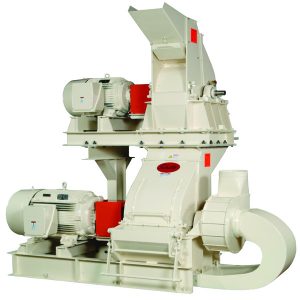 Industrial double-motor hammer mill machine with a prominent vertical input chute and attached horizontal output section, designed for heavy-duty material processing.