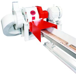 Industrial wood chipper machine with red and white components, including a feed chute and motors, ready for operation.