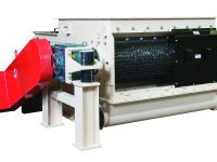 Industrial shredder machine with a red motor, featuring a large cylindrical shredding unit housed in a beige frame.