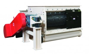 Industrial shredder machine with a red motor, featuring a large cylindrical shredding unit housed in a beige frame.