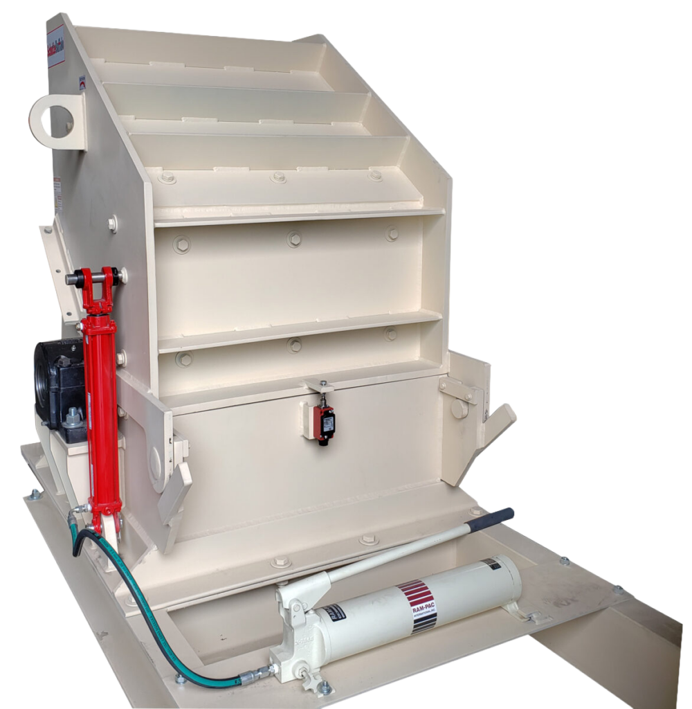 Industrial material feeder with multi-tier chutes and side hydraulic mechanism.