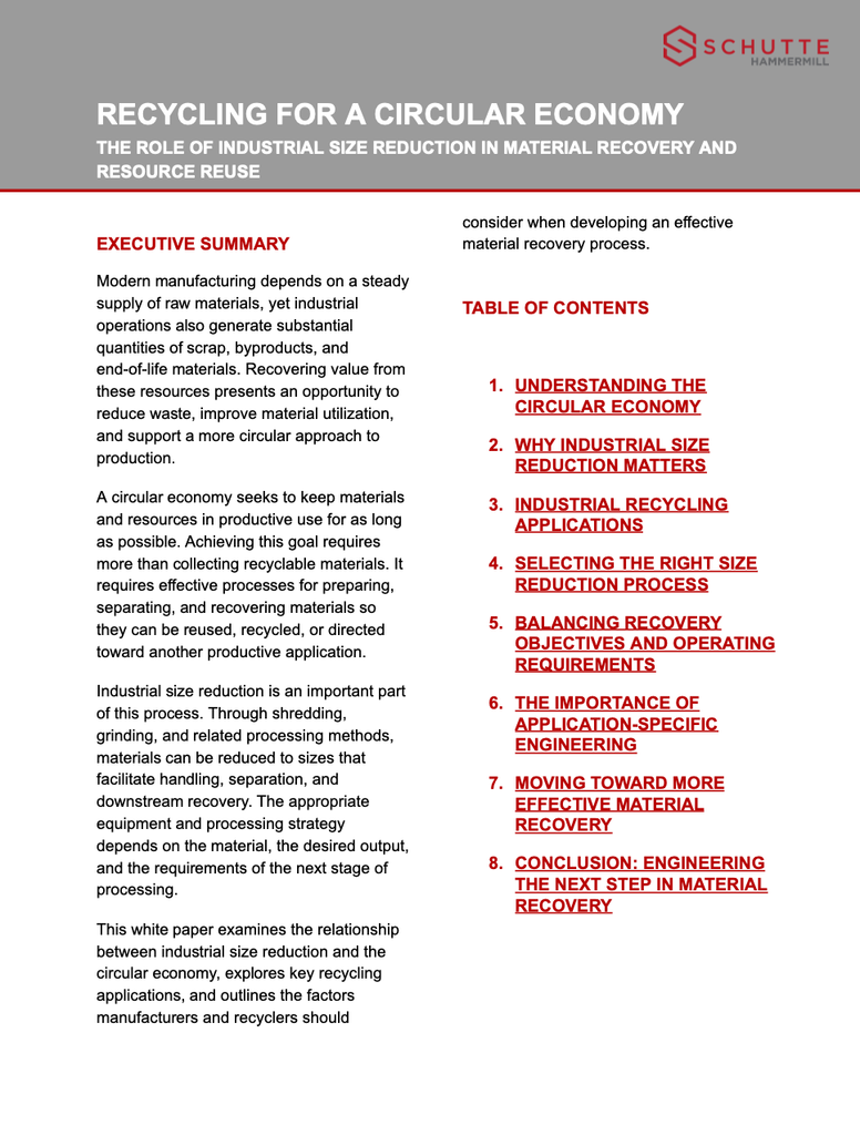 Two-column page from a white paper: left column contains the Executive Summary text; right column lists the Table of Contents with numbered items in red underlined links at the top of the list.